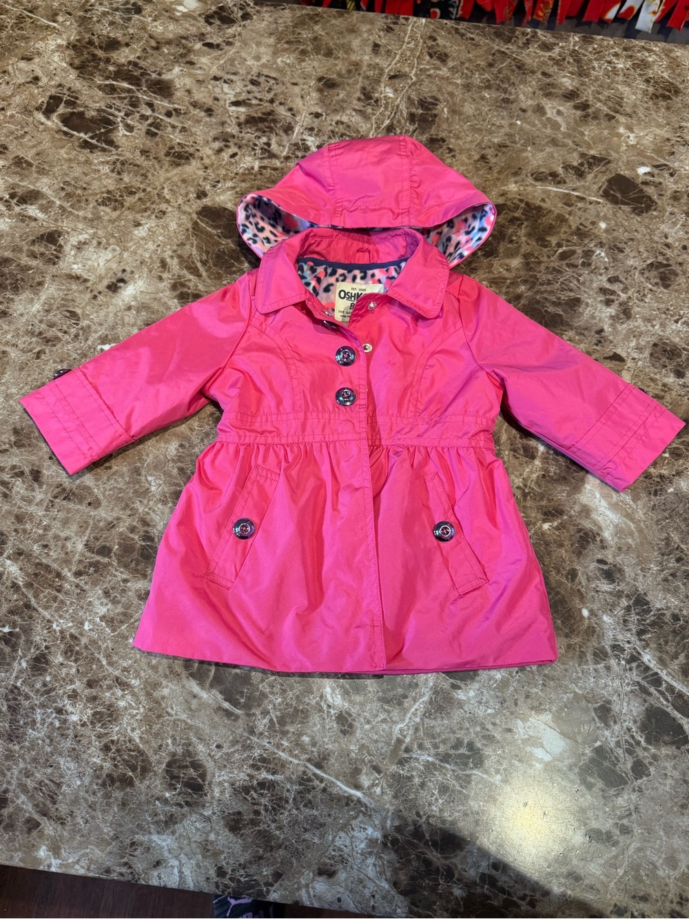 OshKosh B'gosh Bright Pink Hooded Raincoat with Leopard Lining 12m